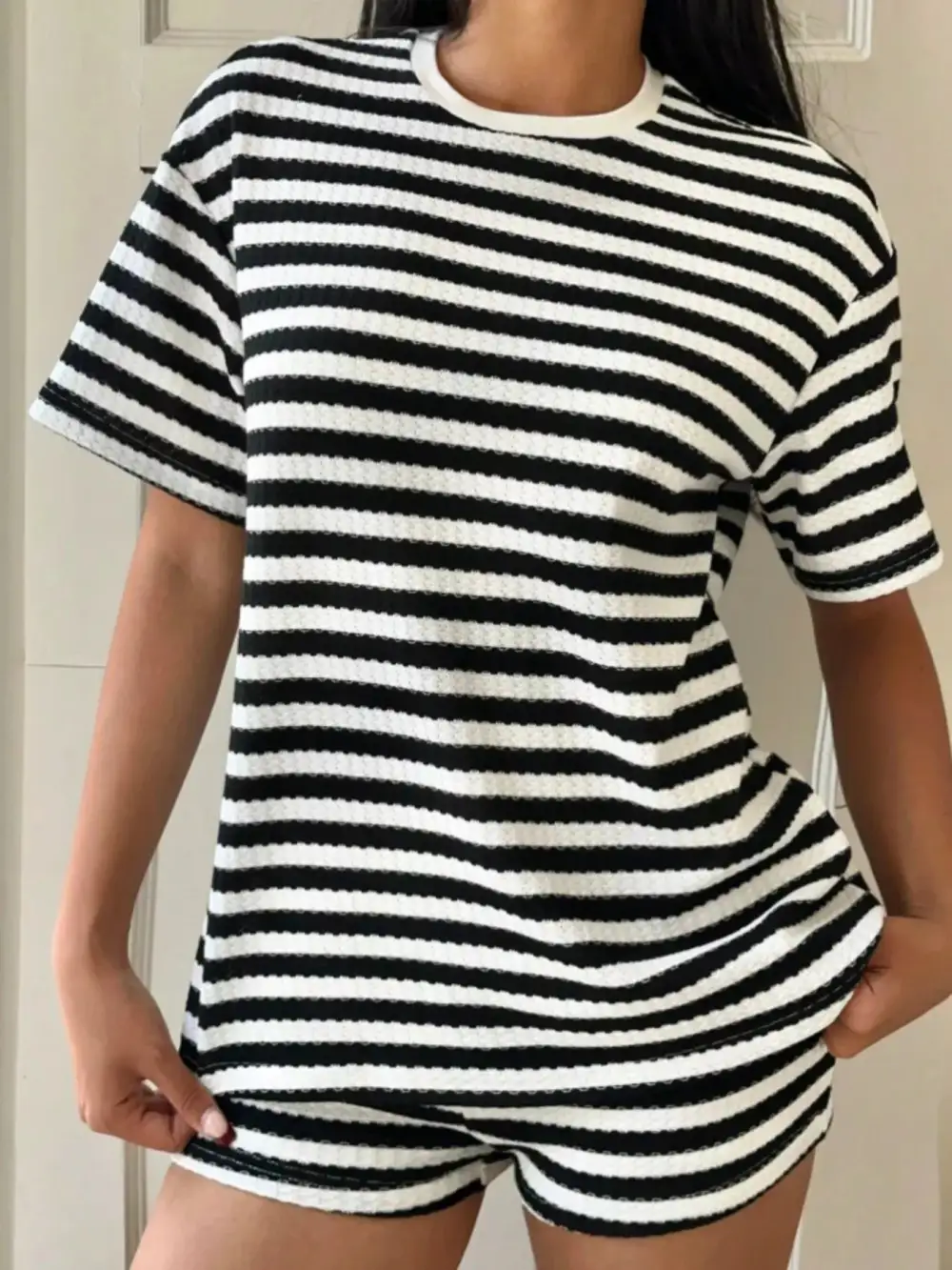 Relaxed Striped Round Neck Top Shorts Set