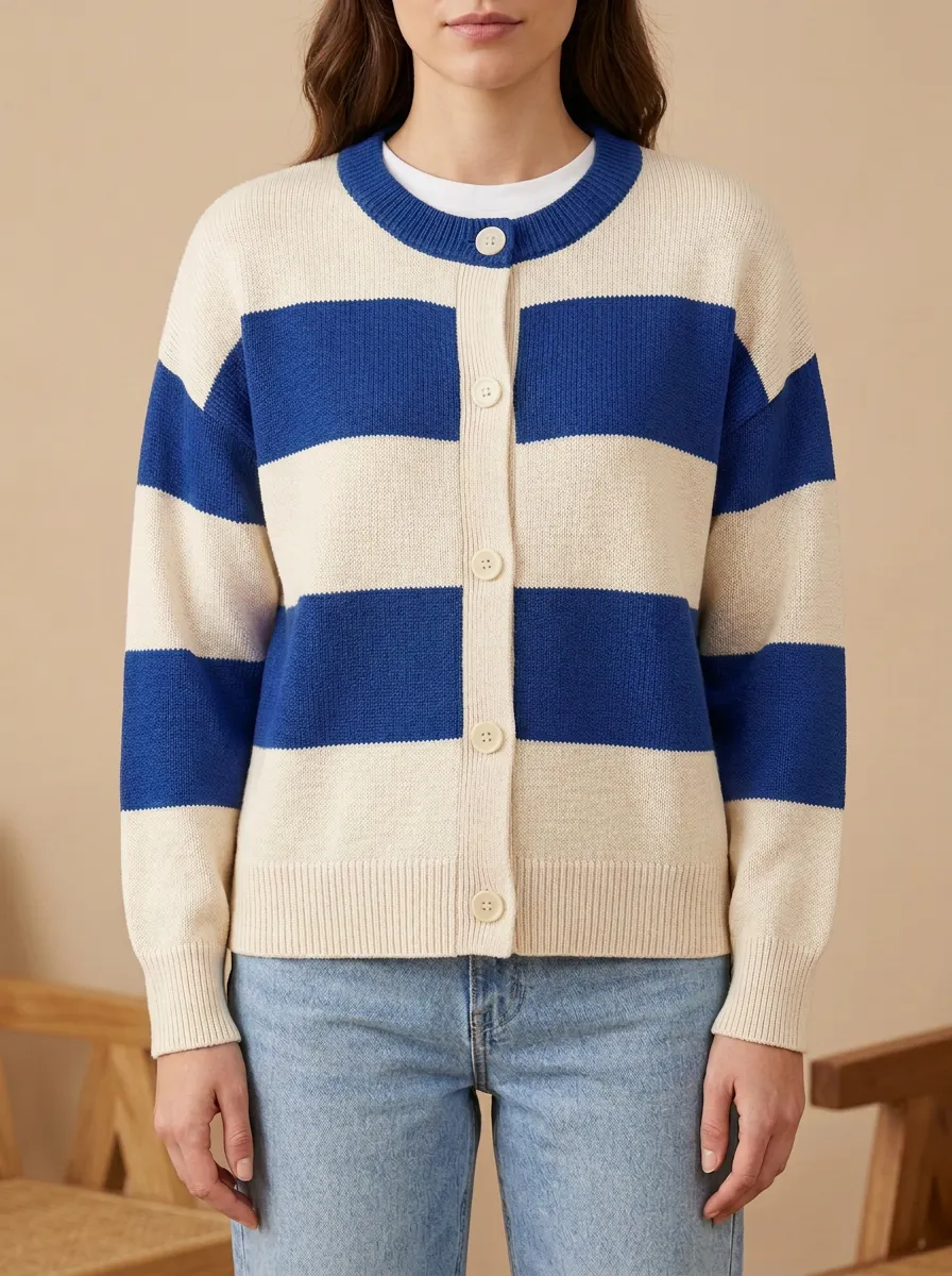Refined Distinctive Rugby Striped Knit Cardigan
