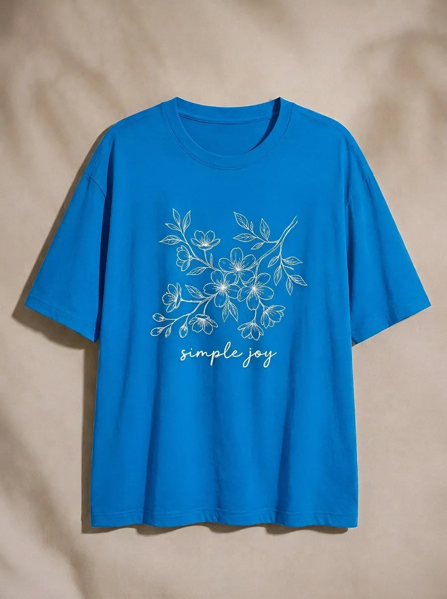 Women's Simple Joy Floral Botanical Line Art Printed T-shirt