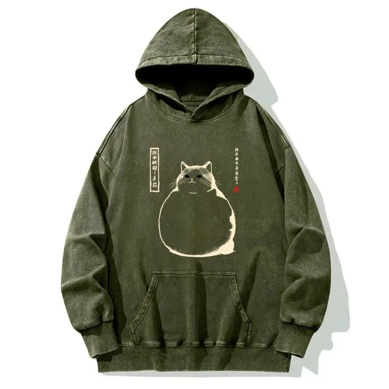 Woodblock Cat Washed Hoodie
