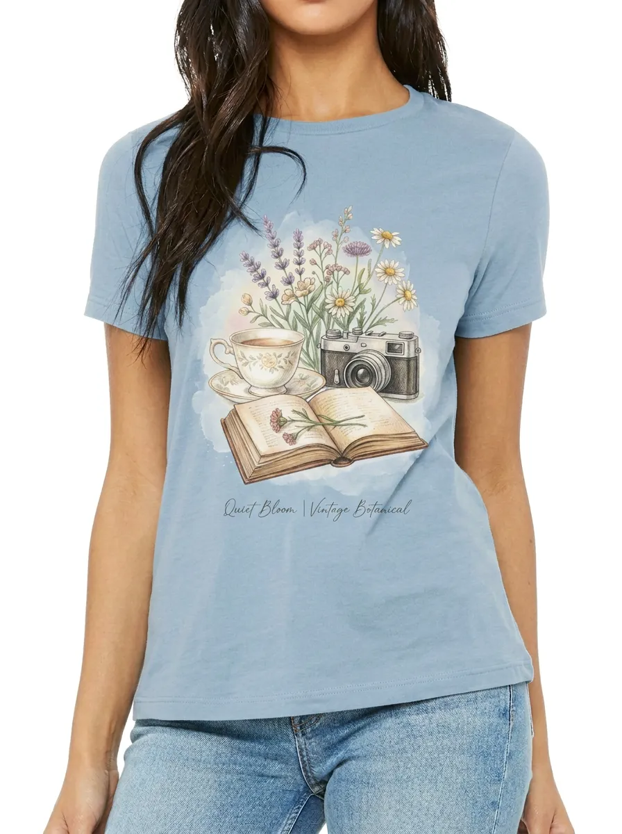 Women's Book Tea Camera Lover Vintage Botanical Printed T-shirt