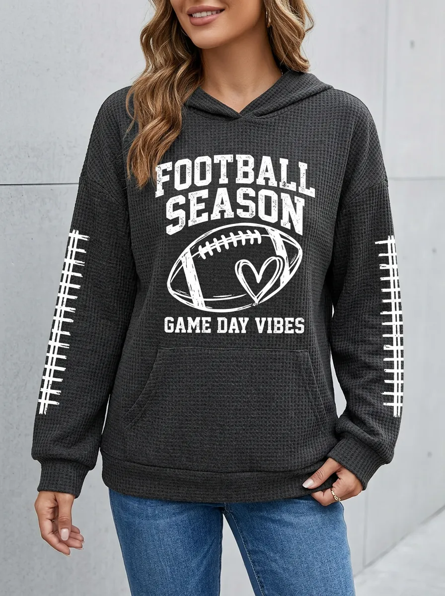 Women's Casual Football Season Heart Graphic Printed Waffle Hoodie