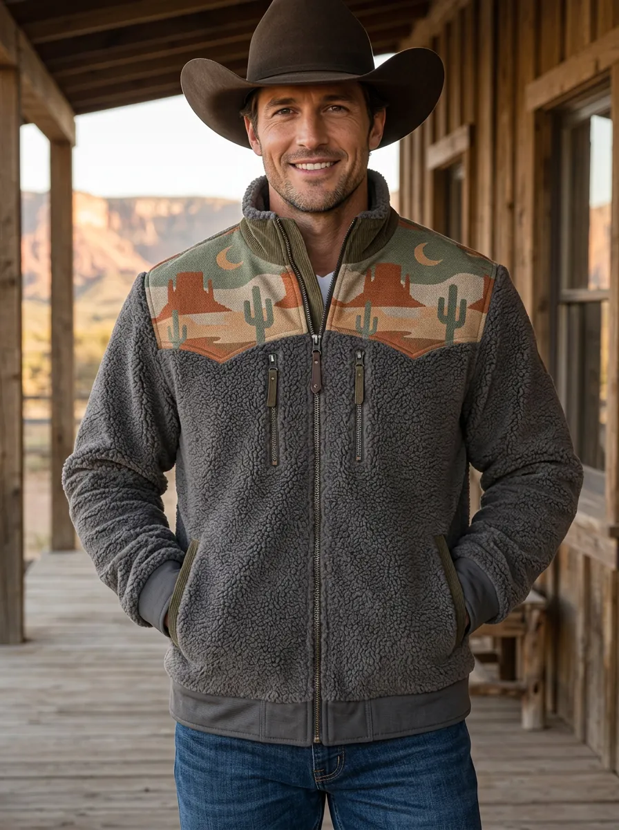 Canyon Trail Cactus Desert Landscape Graphic Men's Western Fleece Jacket