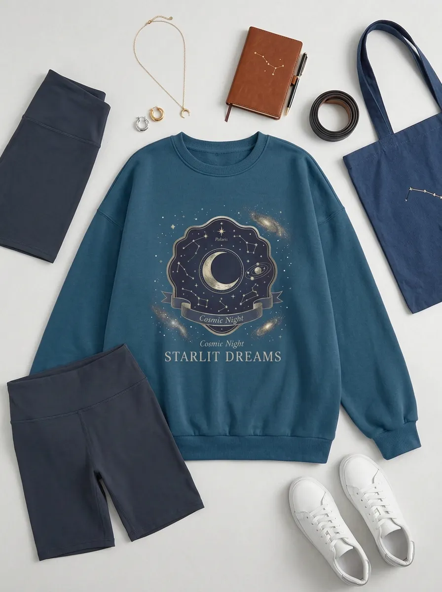 Women's Astronomy Lover Starlit Dreams Moon Constellation Printed T-shirt
