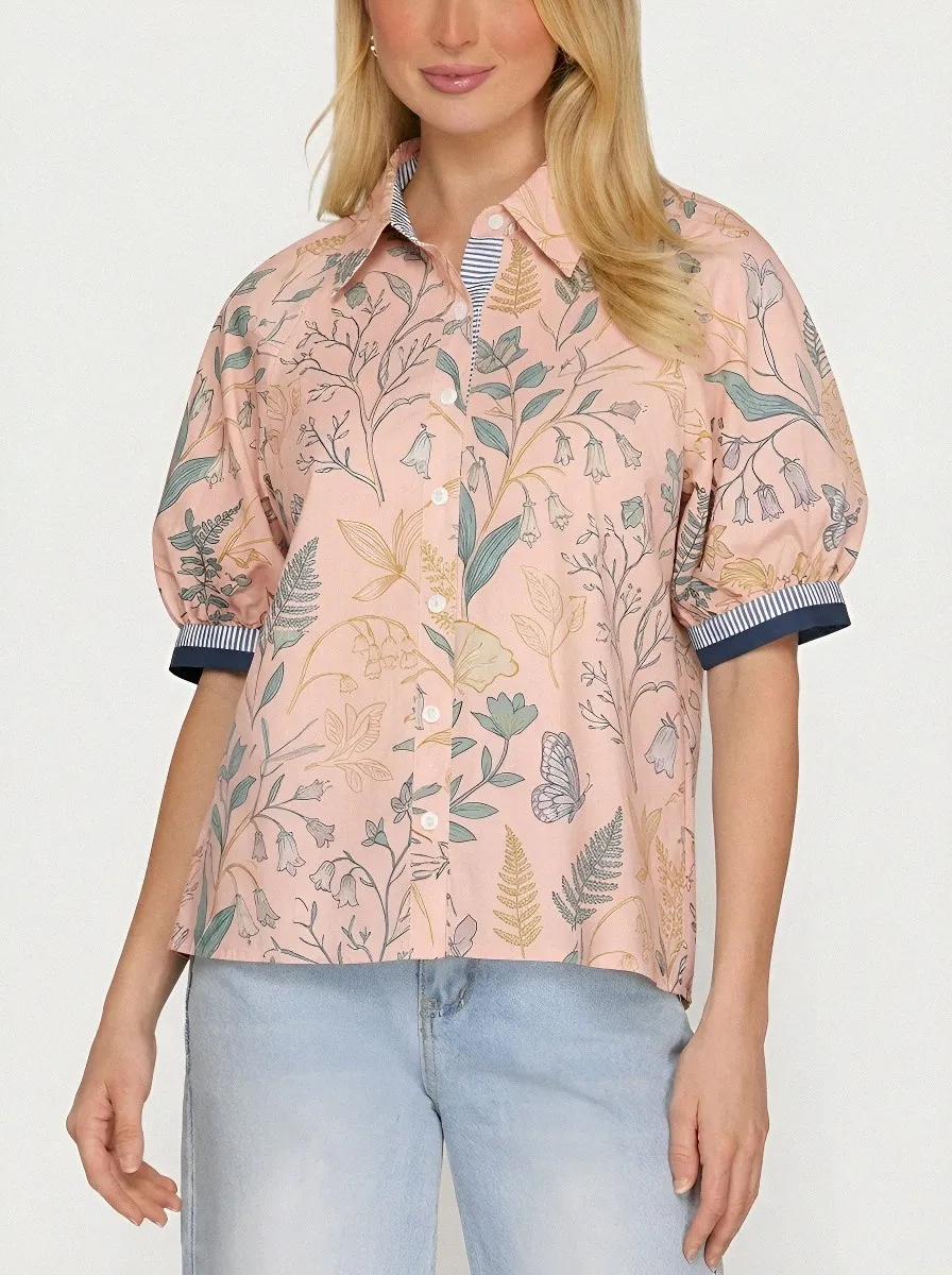 Women's Botanical Butterfly Floral Printed Puff Sleeve Shirt