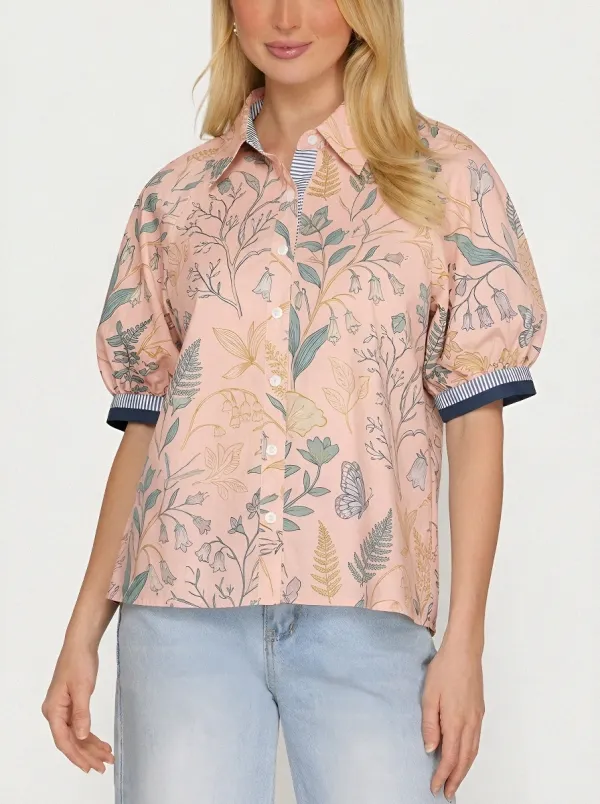 Women's Botanical Butterfly Floral Printed Puff Sleeve Shirt