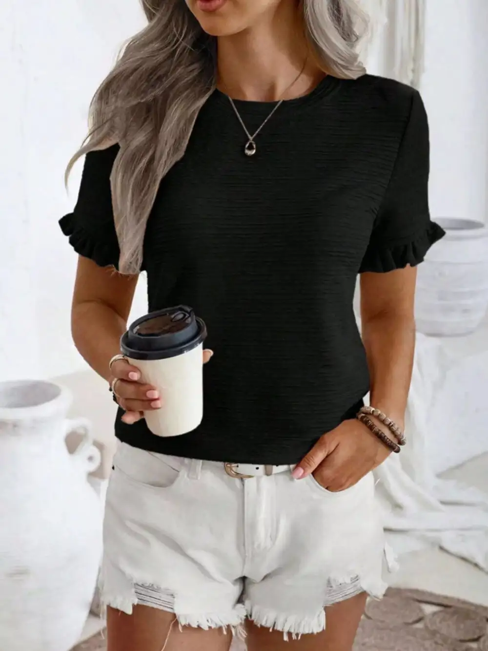 Textured Ruffle Sleeve Round Neck Blouse