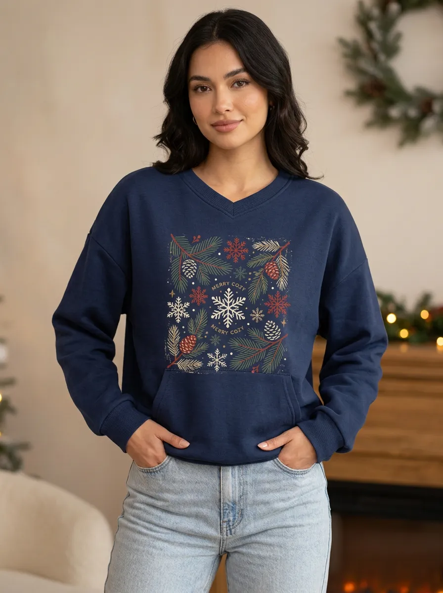 Christmas Cozy Snowflake Pinecone Print Sweatshirt