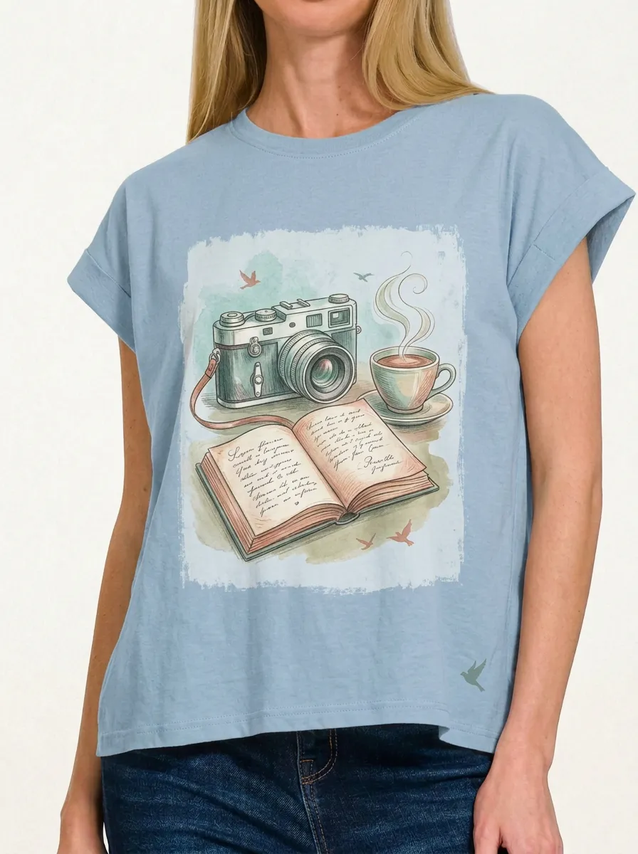 Women's Photography Book Coffee Lover Printed T-shirt