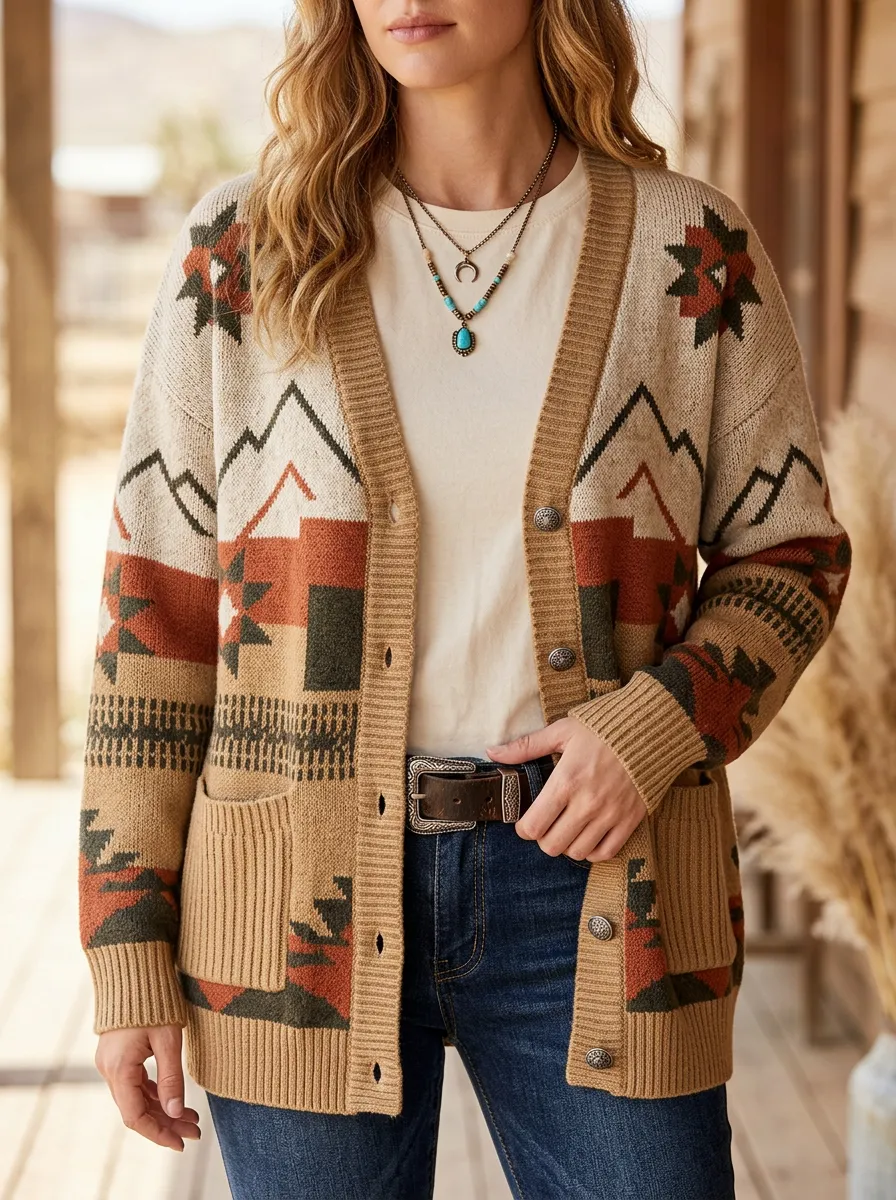 Women's Western Boho Mountain Geometric Pattern Printed Cardigan
