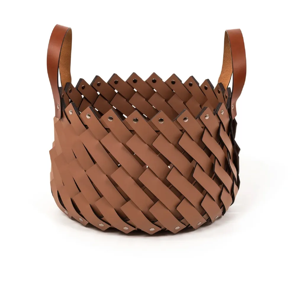 Sculptural Leather Strips Basket with Handles