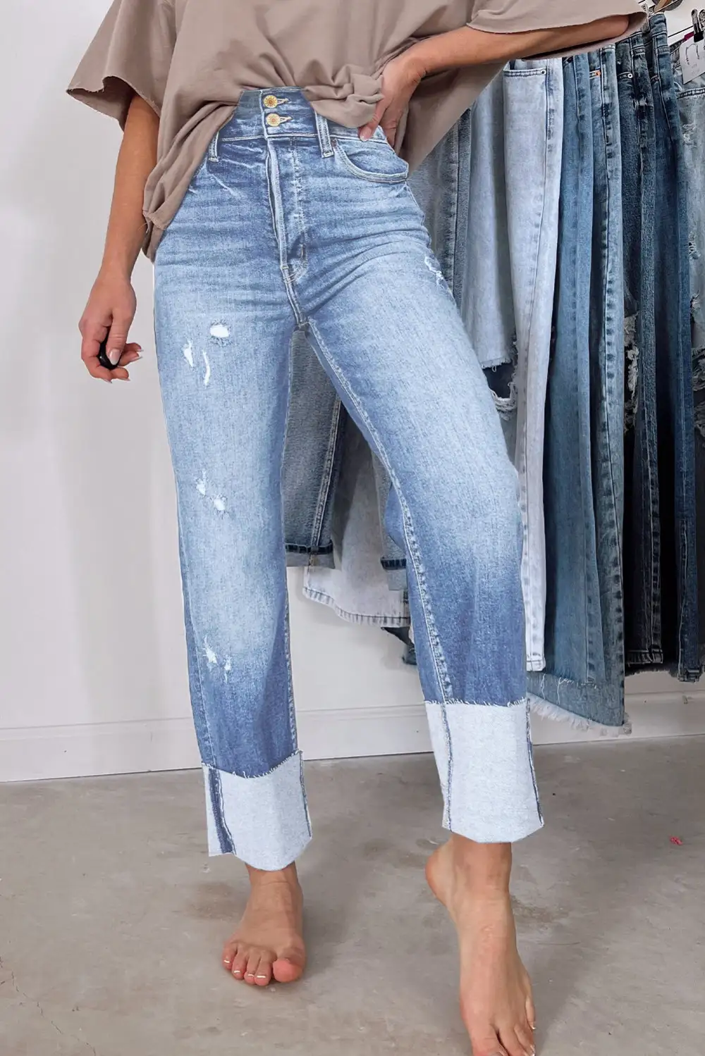 High Waist Distressed Straight Leg Jeans