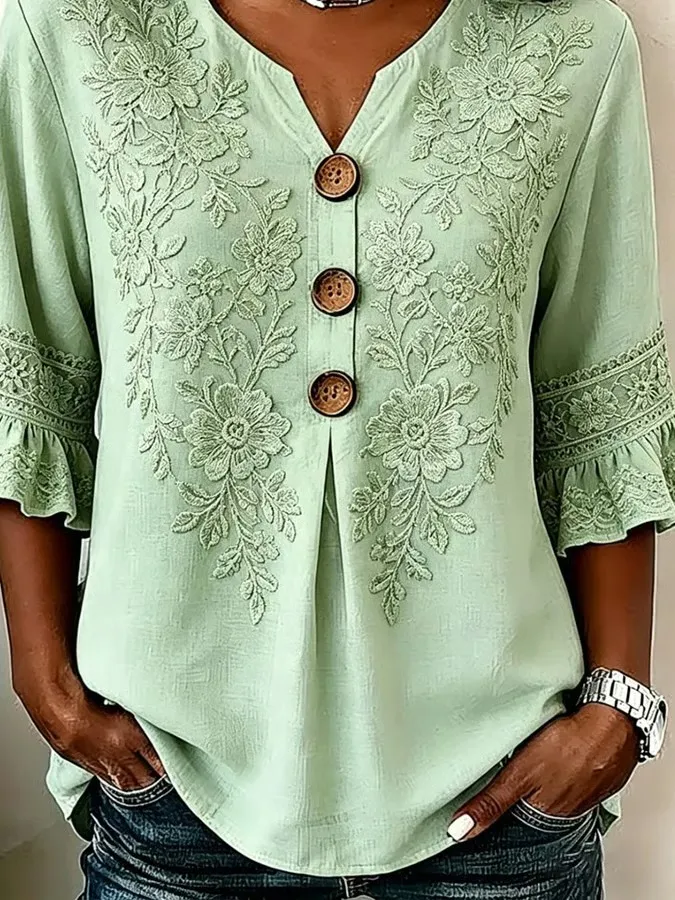 Women's Casual V-Neck Printed Cotton-Linen Top
