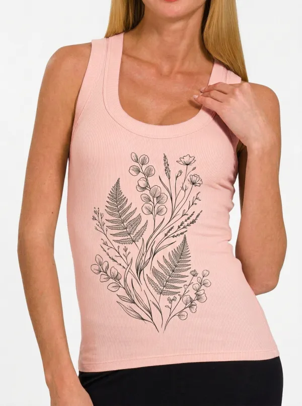 Women's Botanical Nature Lover Fern Eucalyptus Printed Tank Top