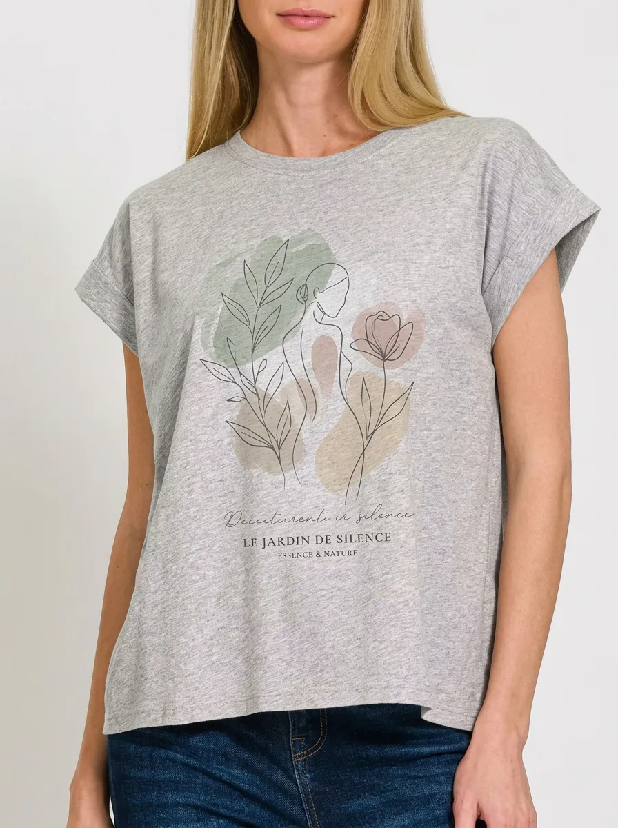 Women's Botanical Line Art Floral Printed T-shirt