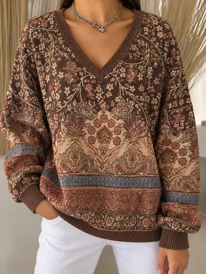 Women Floral Long Sleeve Tee T-Shirt V Neck Vintage Spring/Fall Top