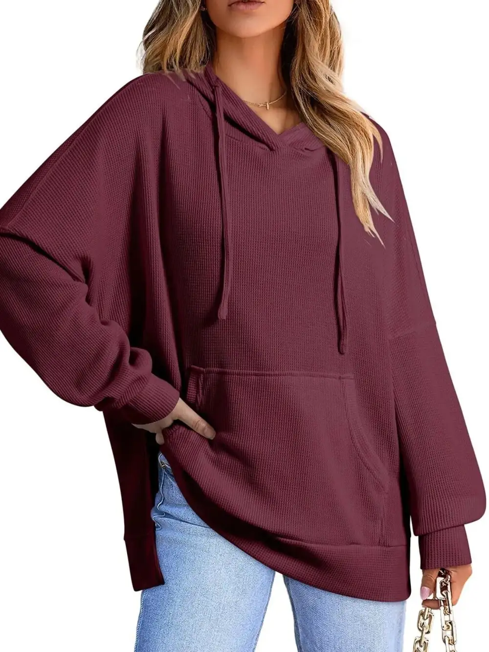 Tailored Drawstring Pocketed Waffle-Textured Knit Hoodie