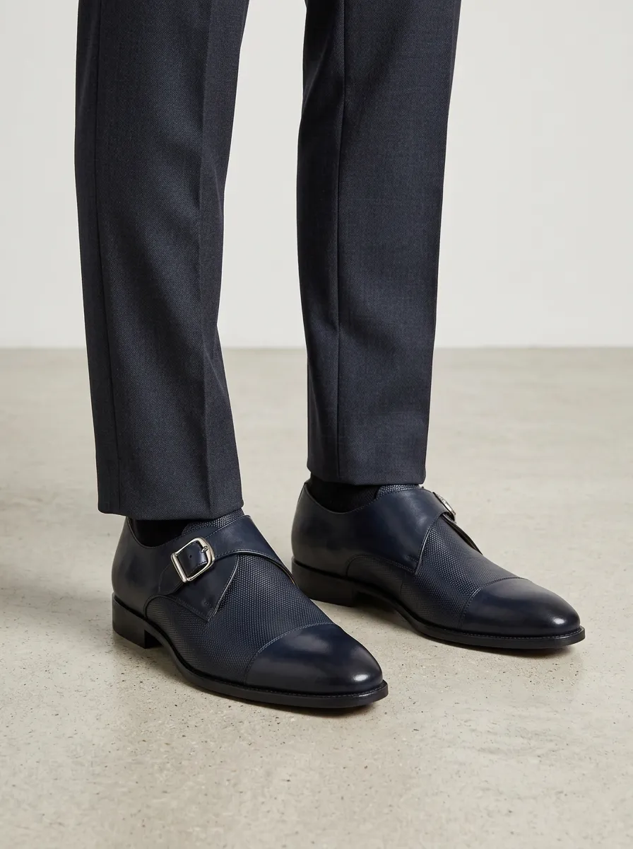 Men's Textured Monk Strap Leather Shoes