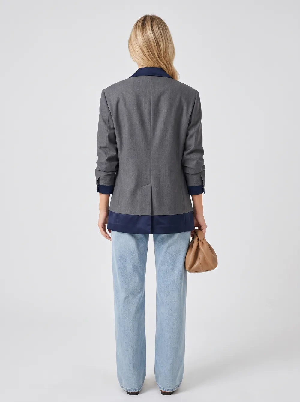 Women's Business Casual Grey Navy Contrast Lapel Blazer Jacket