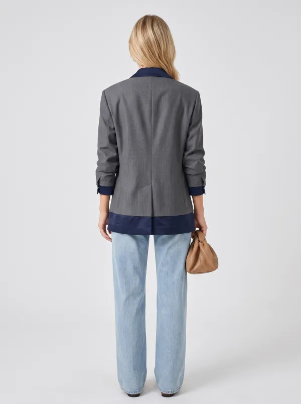 Women's Business Casual Grey Navy Contrast Lapel Blazer Jacket