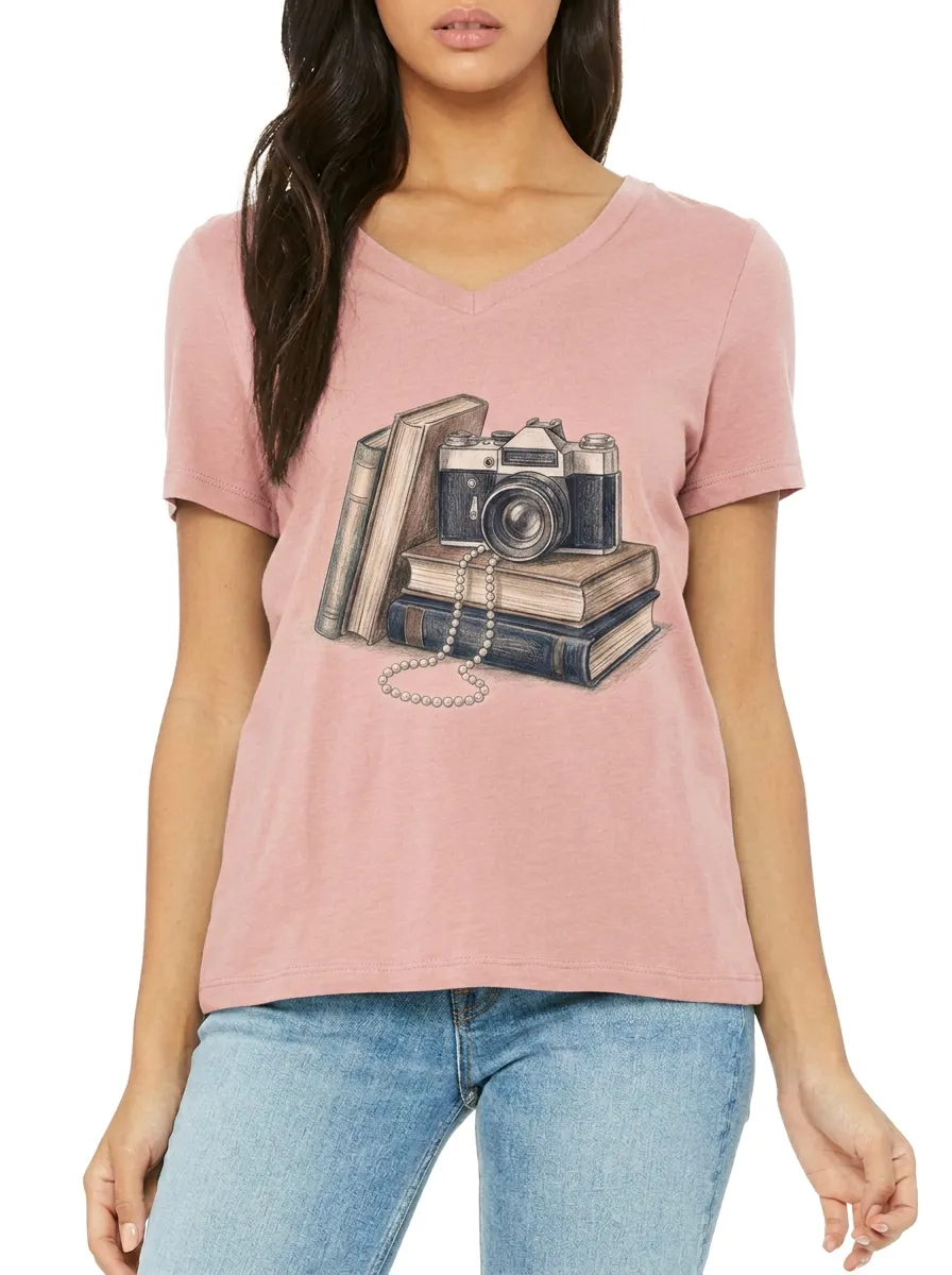 Women's Photography Book Lover Vintage Camera Printed V-neck T-shirt