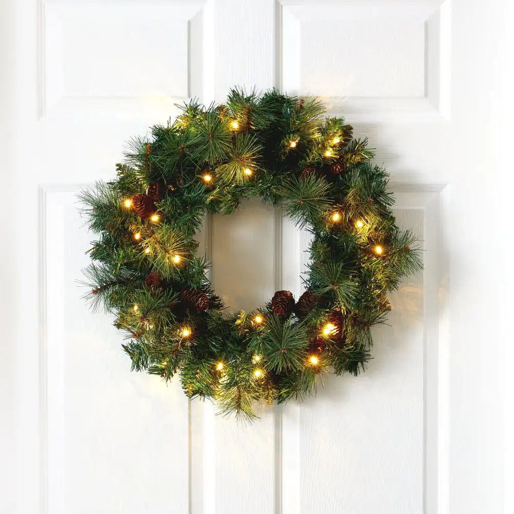 Mixed Pine and Pinecone Artificial Christmas Wreath with Clear LED Lights