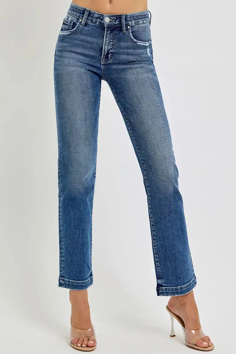 Full Size Tummy Control Elastic Band Mid Rise Straight Jeans Plus Size