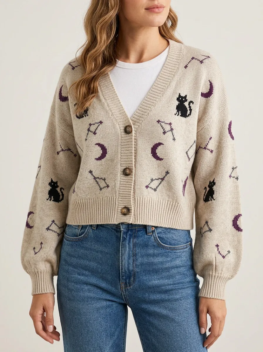 Women's Halloween Celestial Black Cat Moon Constellation Patterned Cardigan