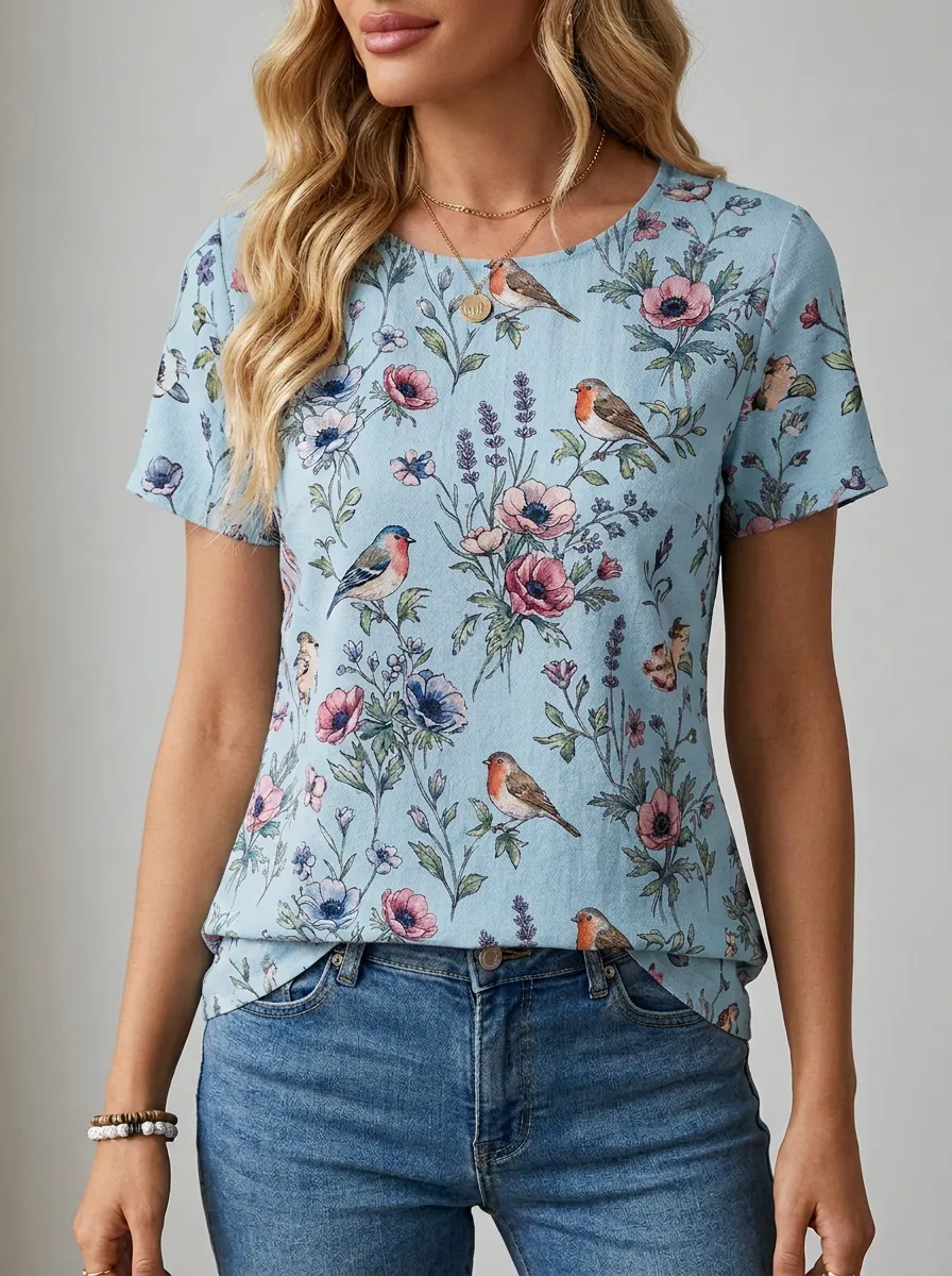 Bird Floral Nature Women's Loose Printed T-Shirt