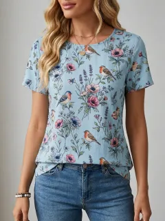 Bird Floral Nature Women's Loose Printed T-Shirt