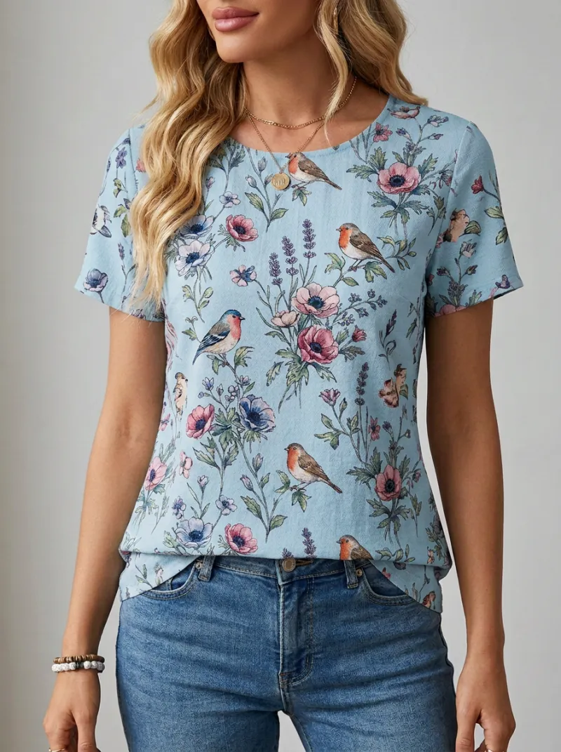 Bird Floral Nature Women's Loose Printed T-Shirt