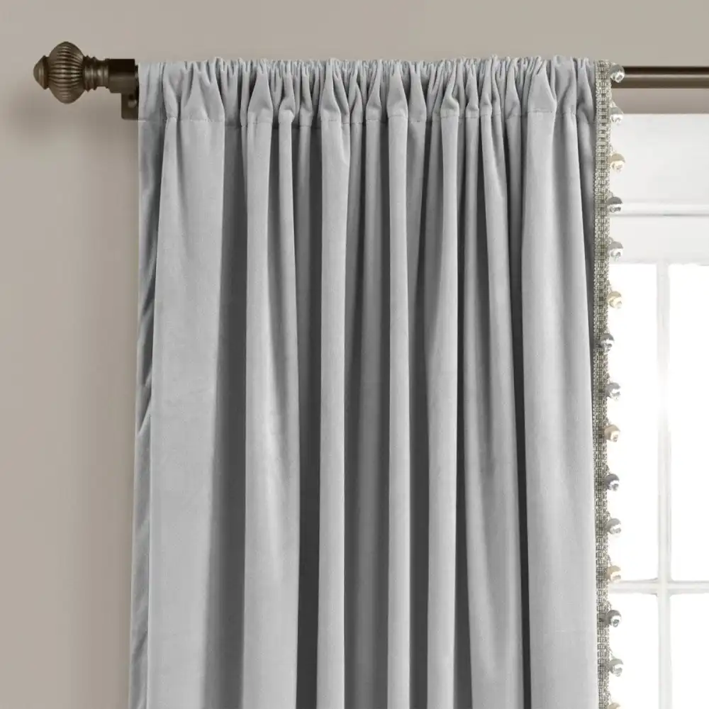 Mid Century Geometric Velvet Light Filtering Rod Pocket Pompom Trim Curtain Panel