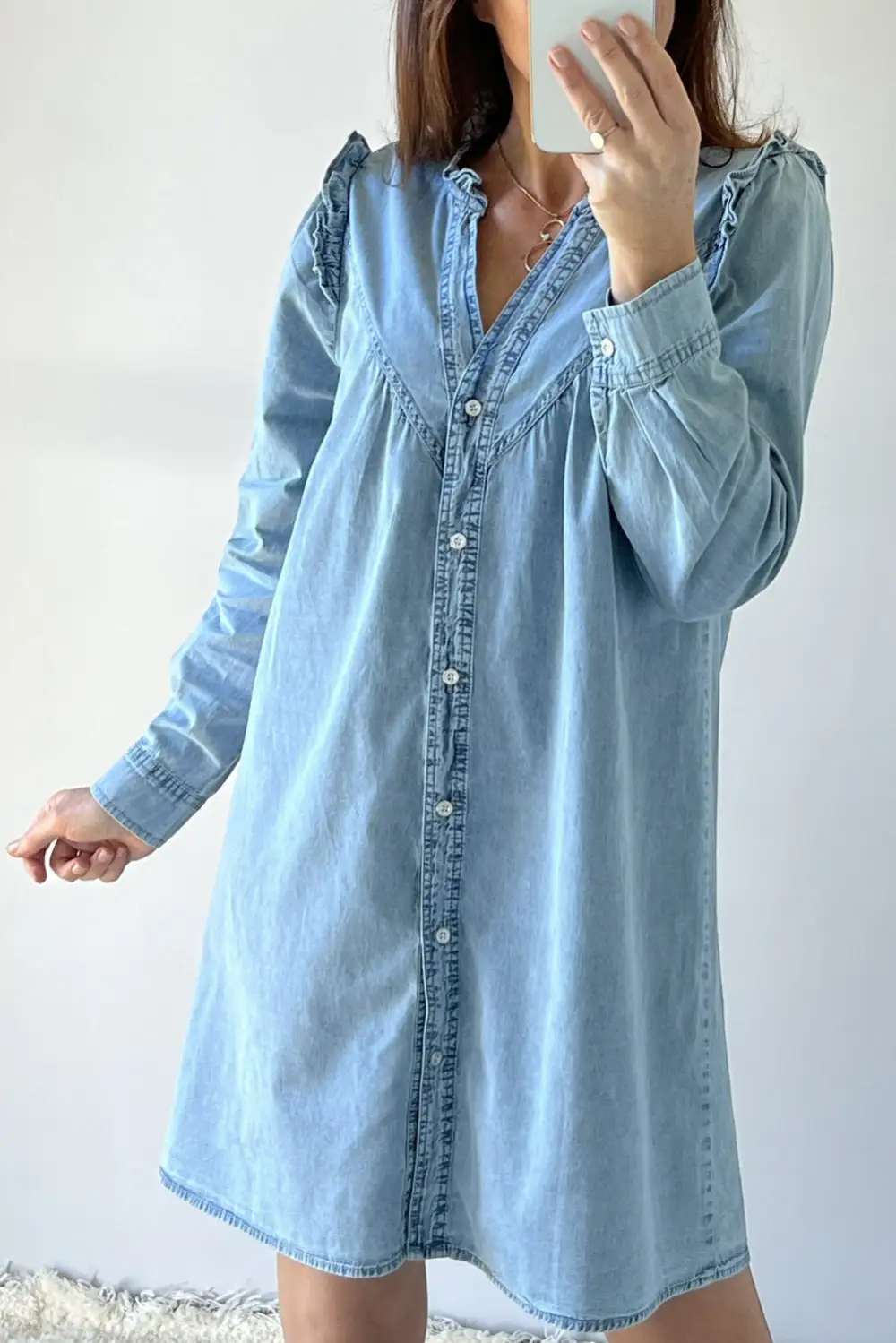 Daytime Denim Look Ruffle Trim Button Front Mini Dress
