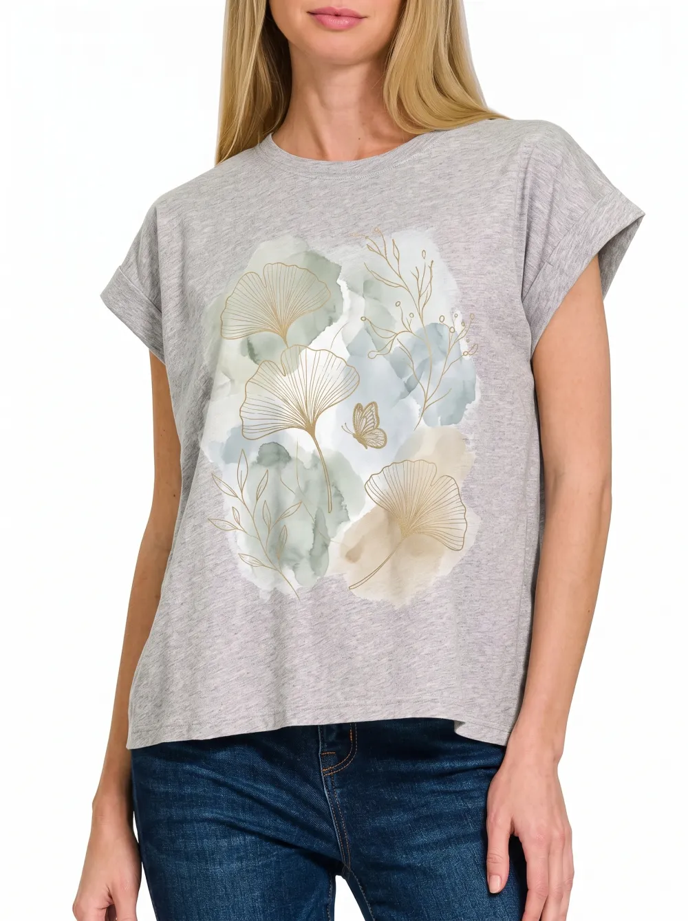 Women's Botanical Ginkgo Butterfly Watercolor Printed T-shirt