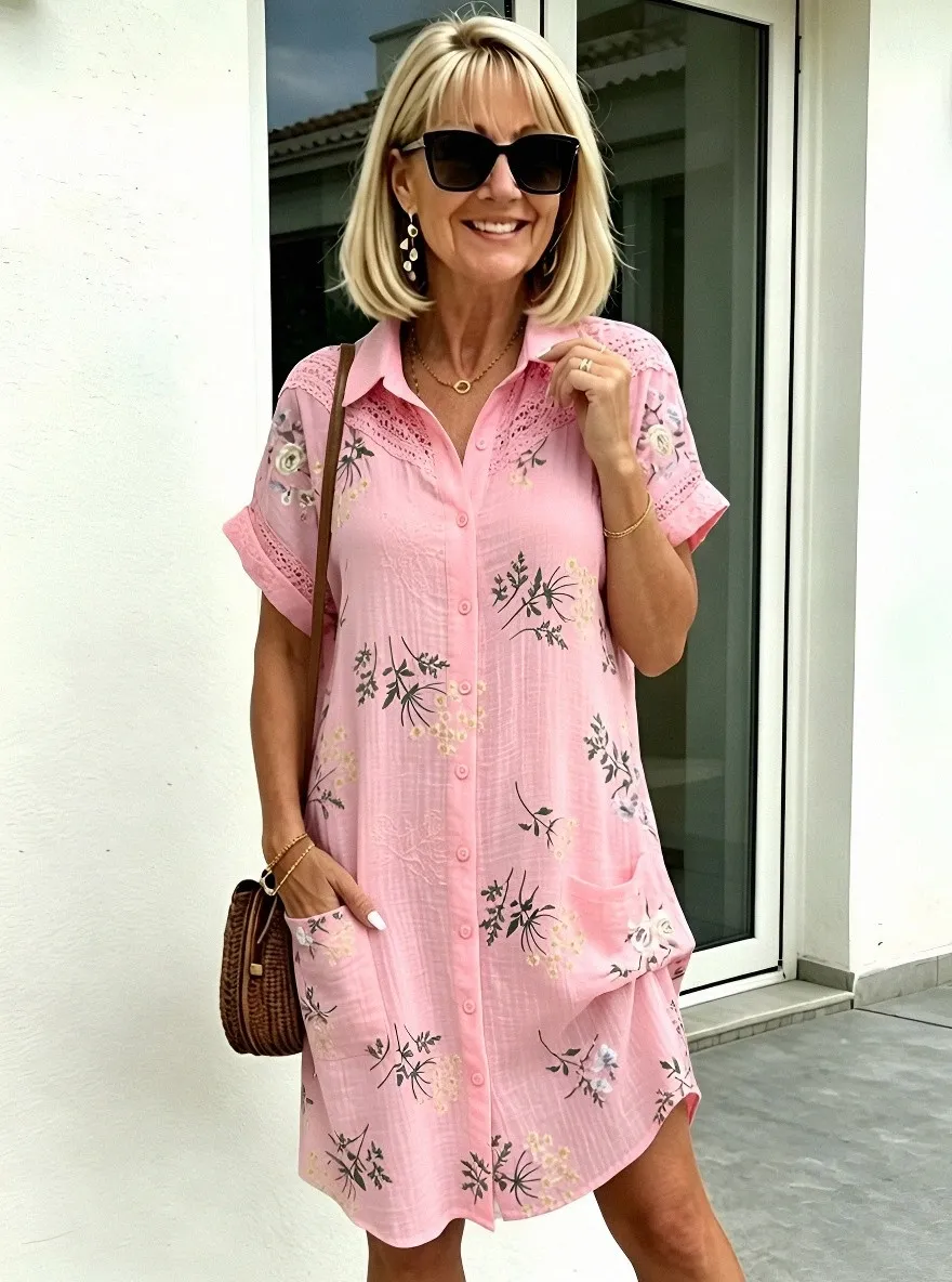 Women's Summer Vacation Floral Embroidered Printed Shirt Dress