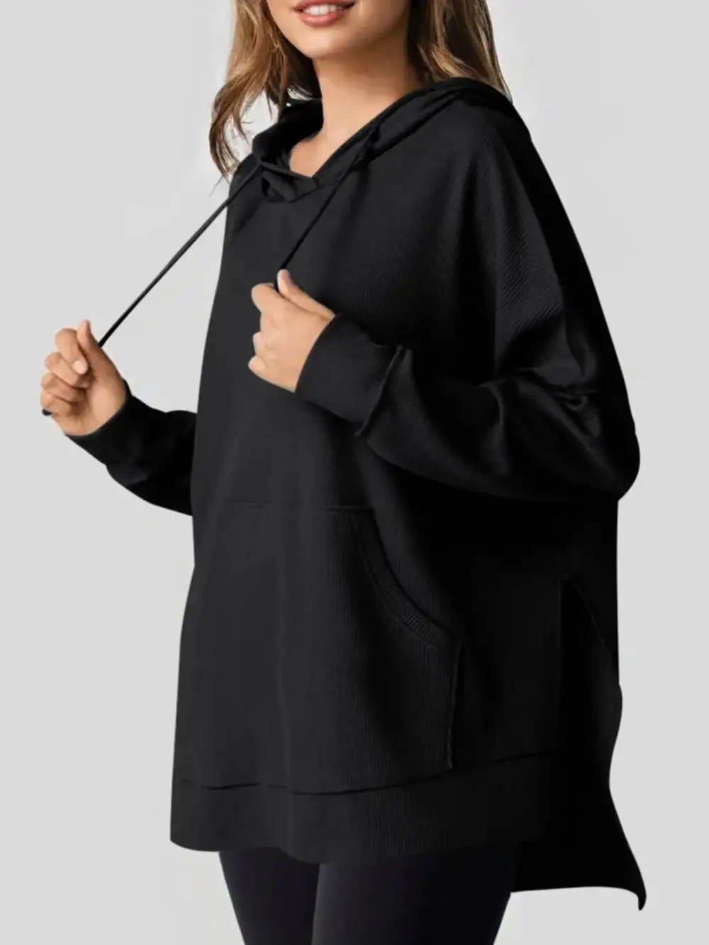 Tailored Drawstring Pocketed Waffle-Textured Knit Hoodie