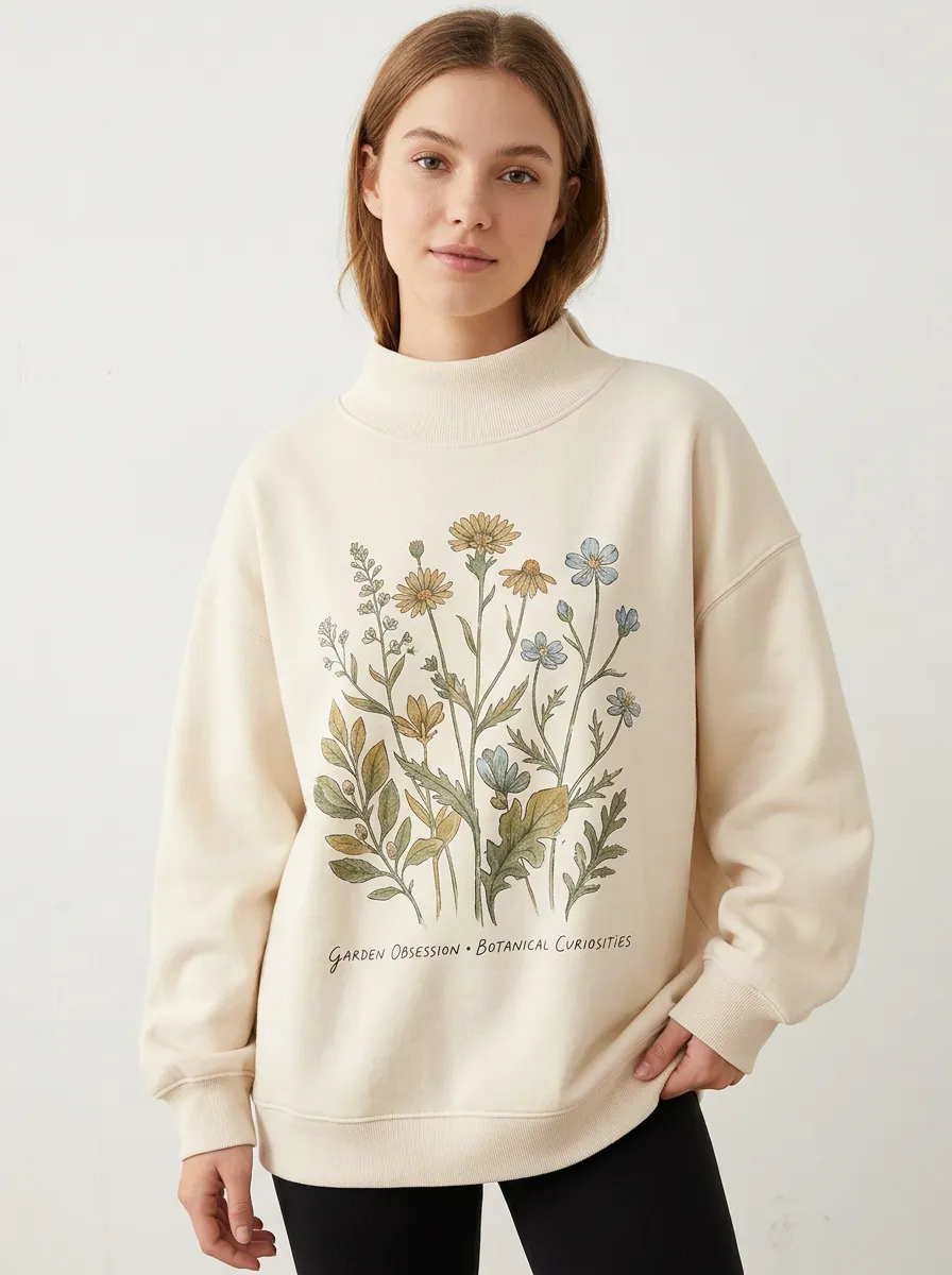 Garden Botanical Wildflower Mock Neck Sweatshirt