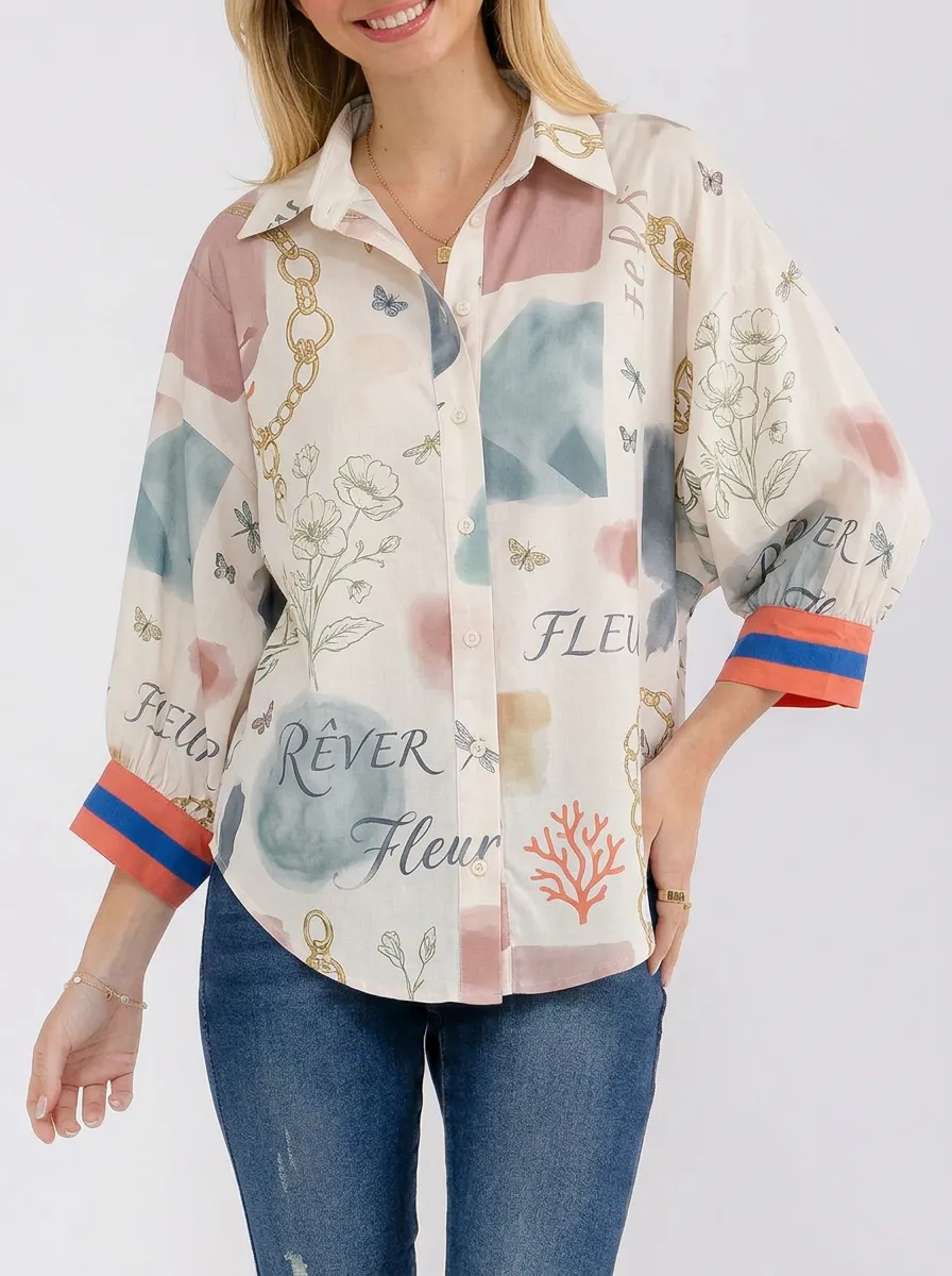 Women's Floral Butterfly Chain Print Button Down Printed Shirt