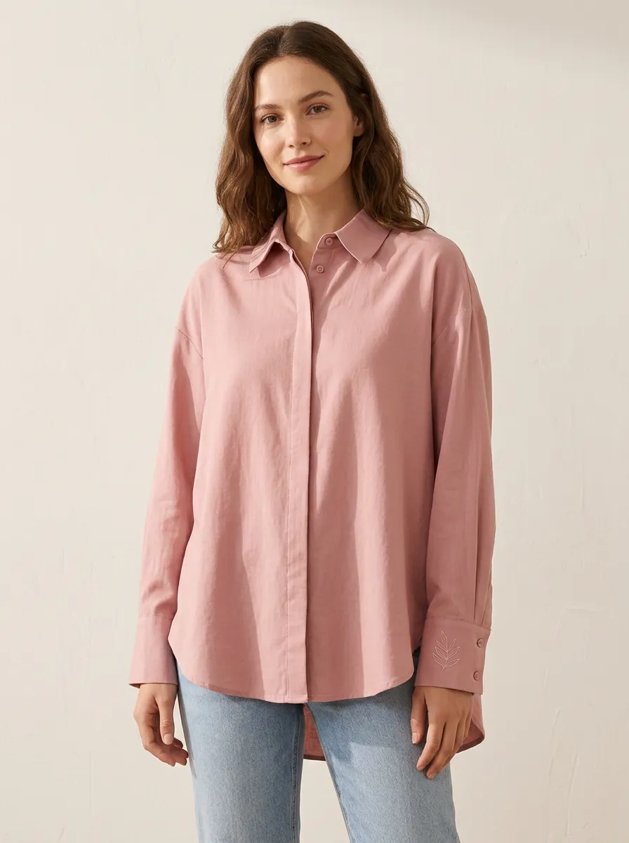 Women's Minimalist Leaf Embroidery Pink Printed Shirt
