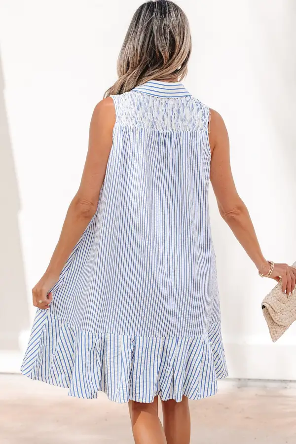 Striped Ruffle Trim Shirred Mini Dress