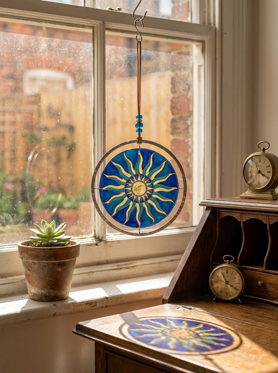 Sun Blue Gold Stained Glass Printed Suncatcher