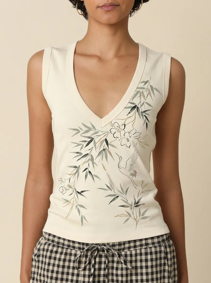 Women's Oriental Crane Bamboo Floral Printed V-Neck Tank Top