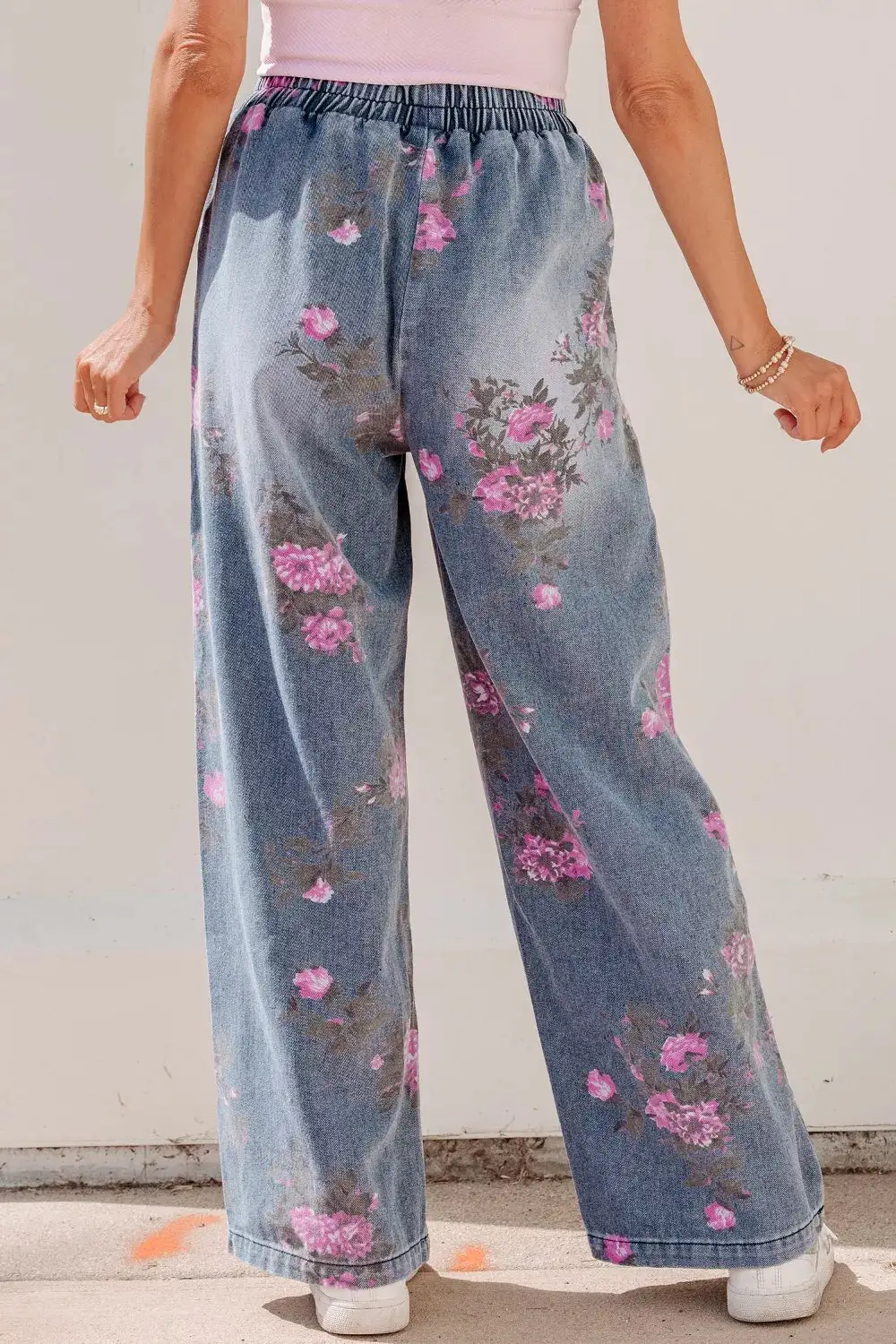 Women' High Waisted Floral Print Wide Leg Elastic Waist Jeans