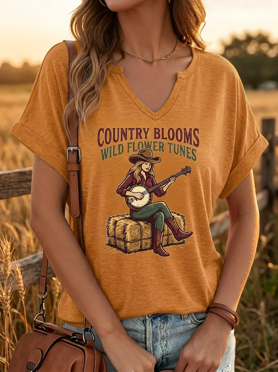 Western Banjo Cowgirl Custom Country Music V-Neck T-Shirt