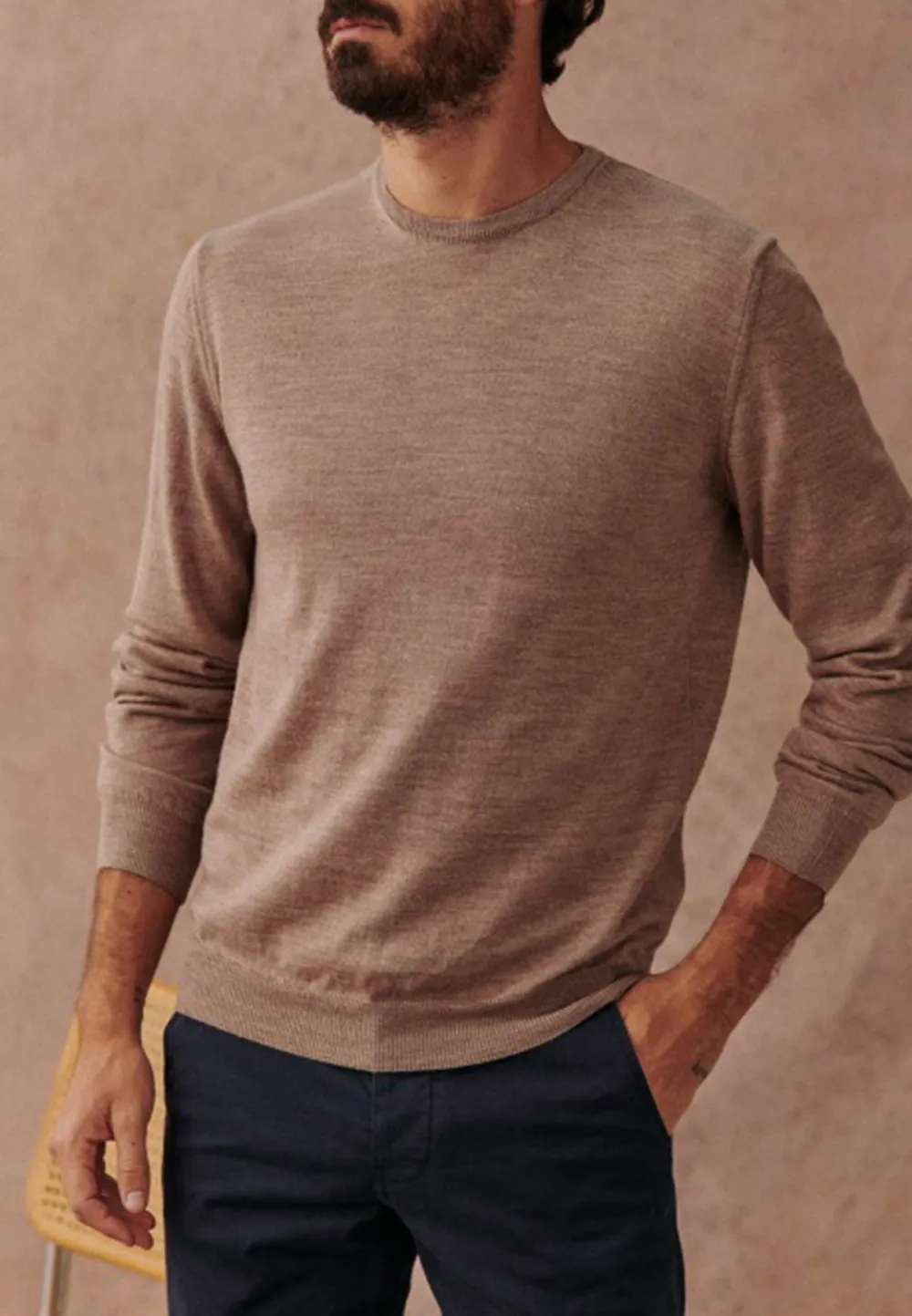Beige Solid Knit Crew Neck Sweater