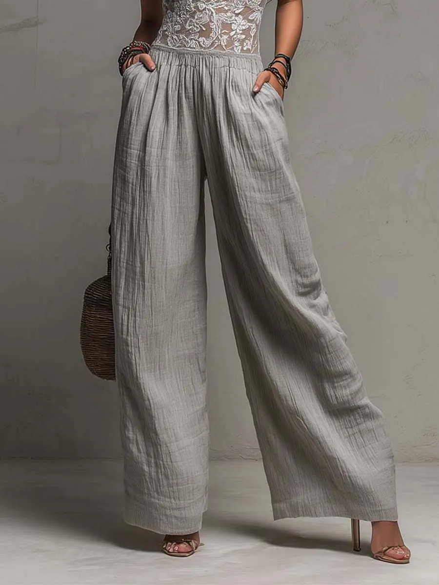 Bohemian Light Grey Lace And Crinkle Cotton Wide-Leg Jumpsuit