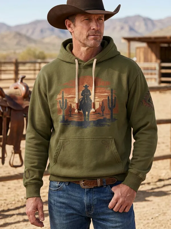 Men's Western Cowboy Cactus Desert Sunset Sun Graphic Hoodie