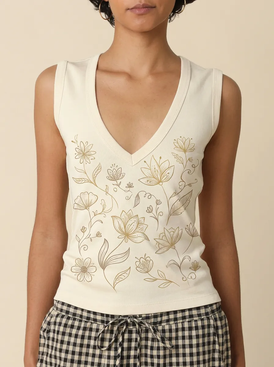 Women's Floral Botanical Line Art Printed V-Neck Tank Top