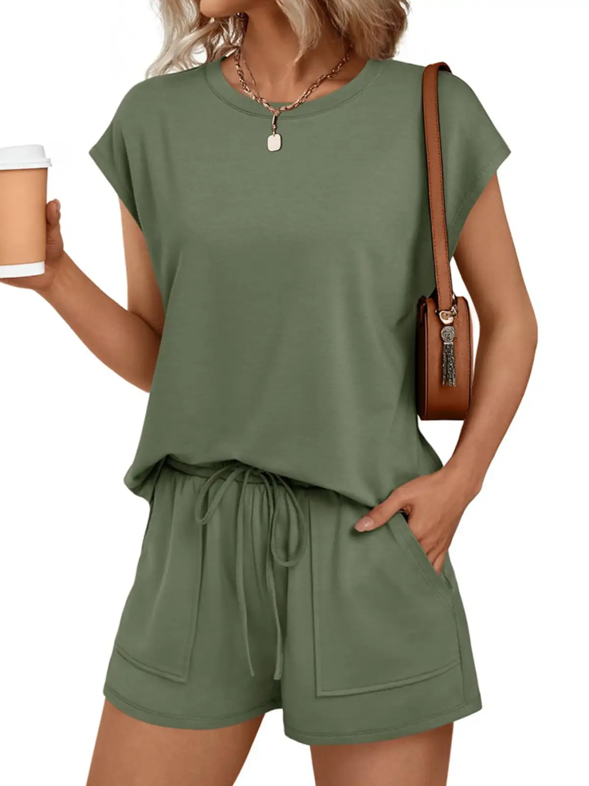 Tailored Drawstring Pocketed Top and Shorts Matching Set