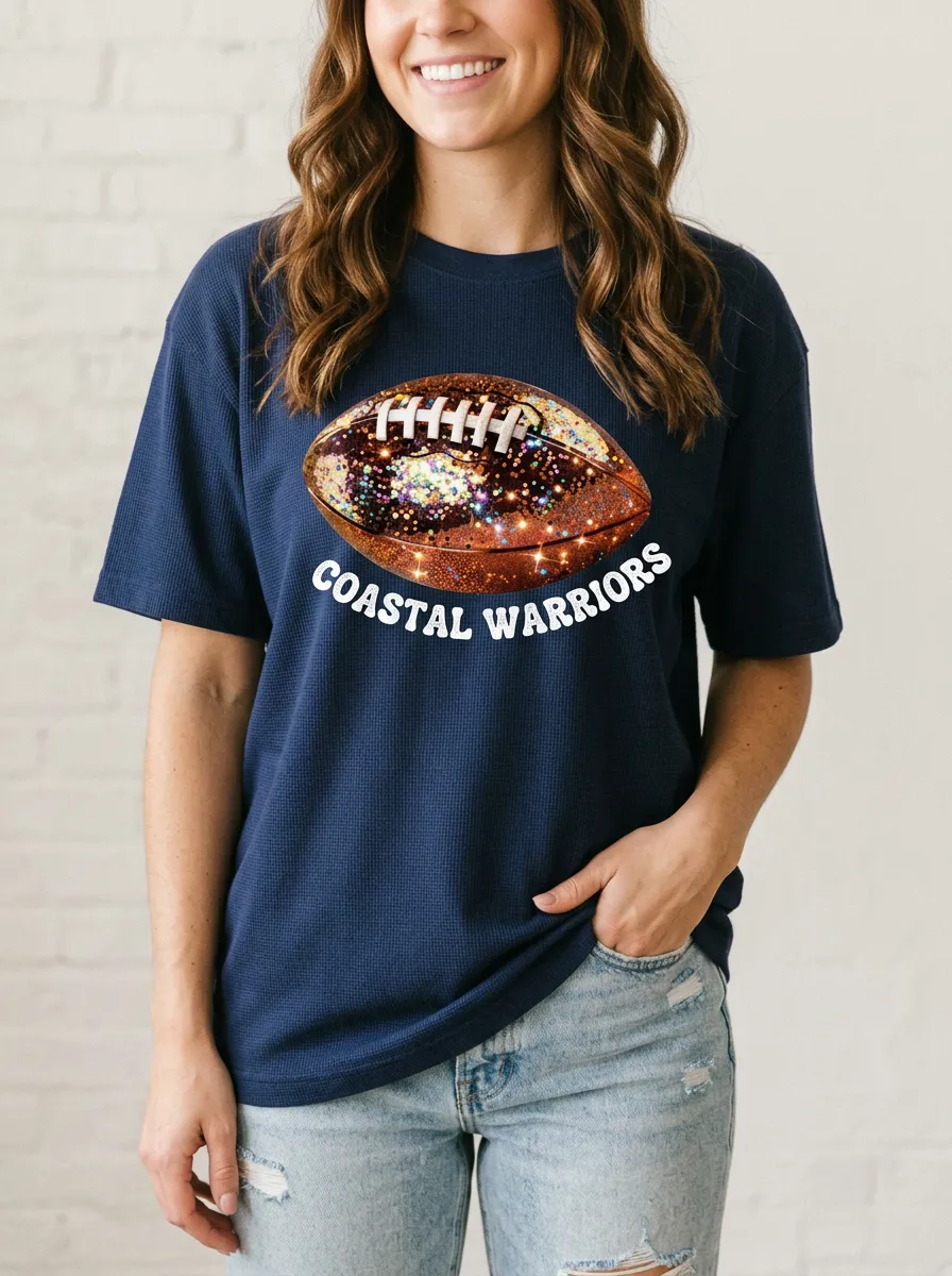 Women's Statement Football Ball Sparkle Crew Neck Graphic T-Shirt